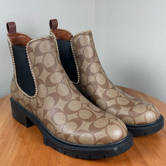 Coach Women Levy Leather and Canvas Signature Lug Boot Khaki/Black Size 8 - Picture 3 of 16